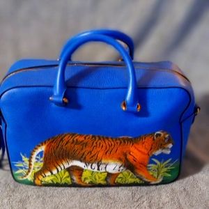 Gucci Sylvie Blue Leather Tiger Print Top Handle Handbag